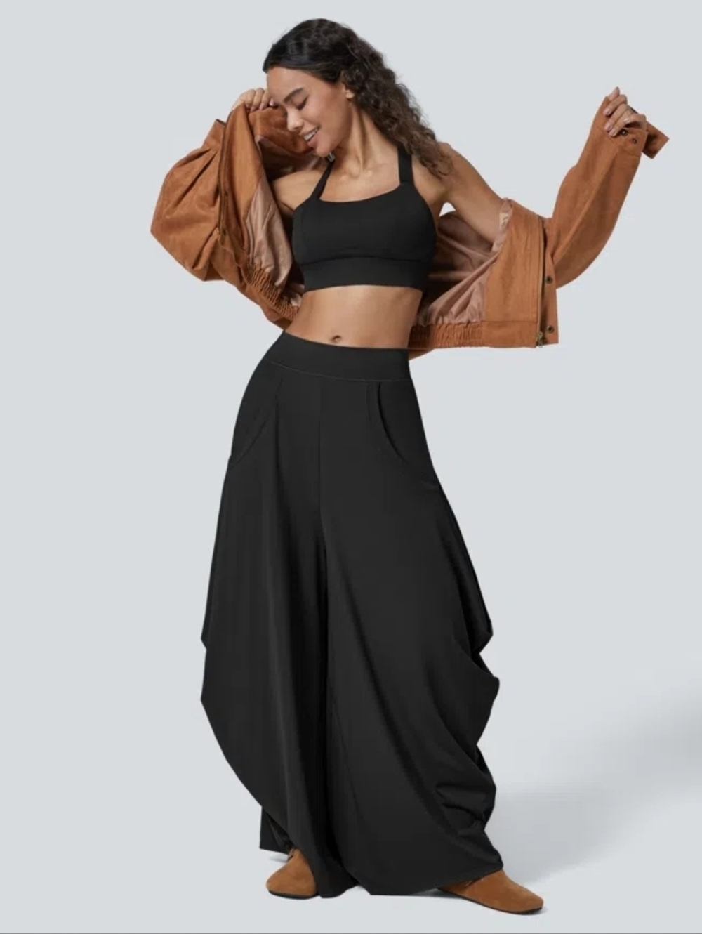 Halara Mid Rise Pockets Draped Wide Leg Casual Pants